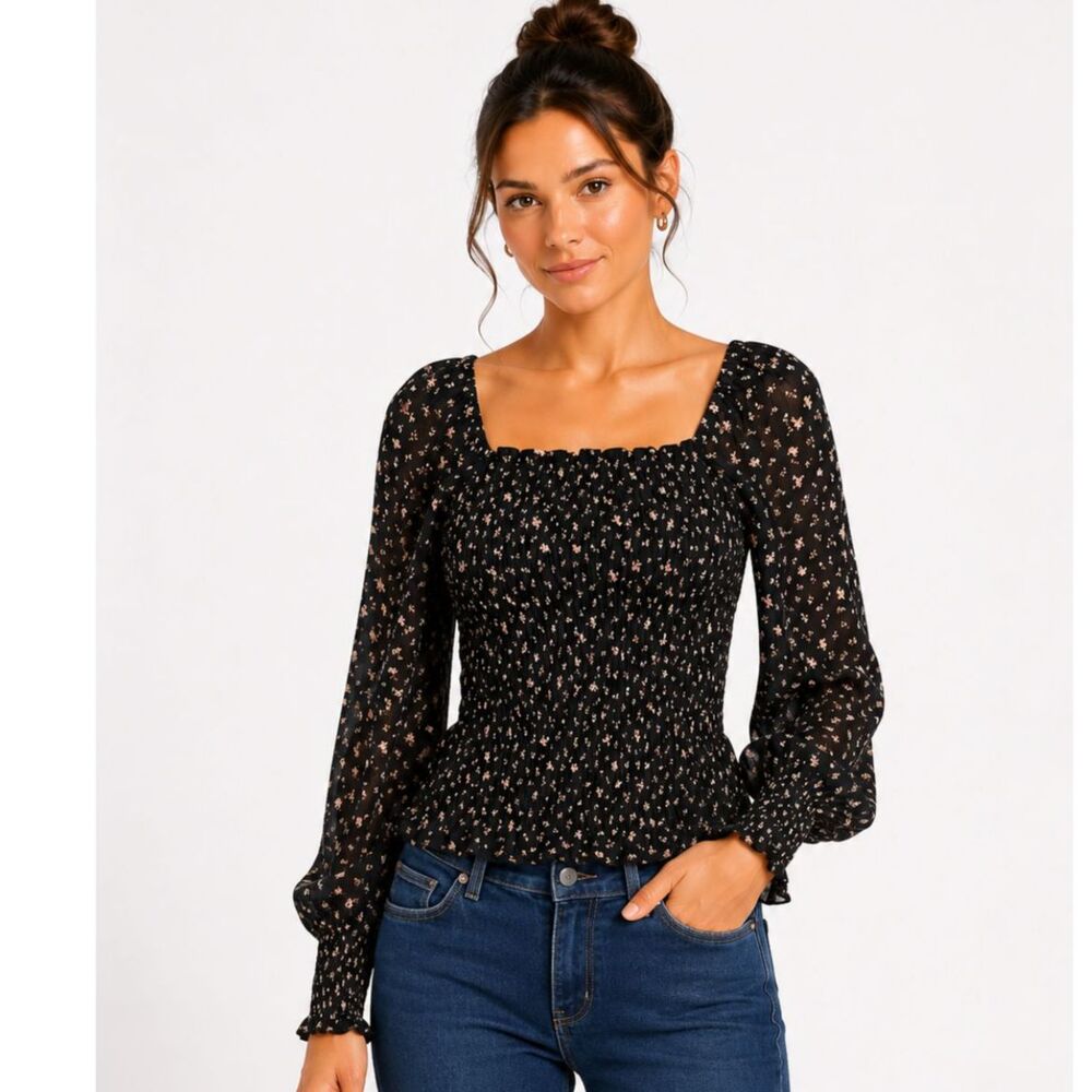 Madewell Women's Gerogette Lucie Bubble-Sleeve Smocked Top Black Floral Sz XXS